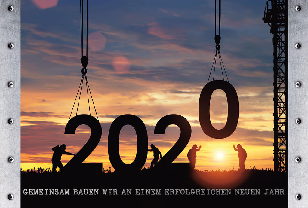 Neujahrskarte mit Jahreszahl 2020 für Bauunternehmen mit passendem Neujahrsgruß