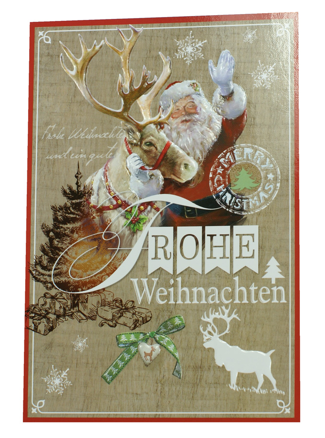 Weihnachtskarte im Hochglanz-Druck mit Weihnachtsmann und Elchen