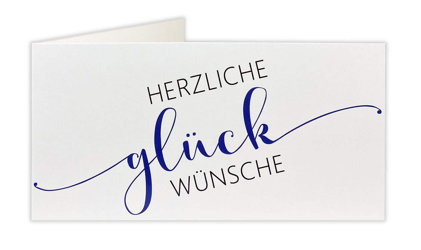 Glückwunschkarte DIN lang, querformat, weißer Glazkarton, Glückwunsch-Schriftzug in schwarz und blau