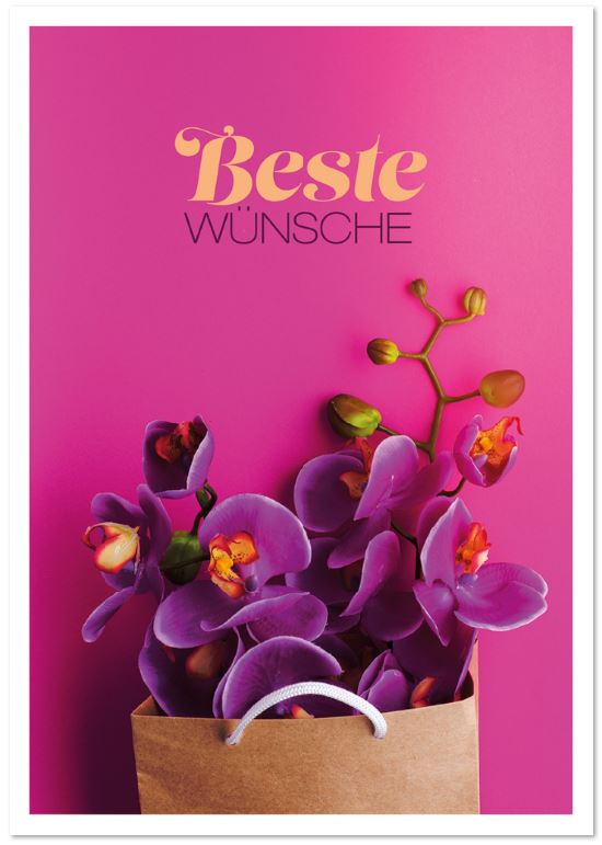 Pinkfarbene Glückwunschkarte im originellen Design mit "Beste Wünsche" und Orchidee in Papiertüte