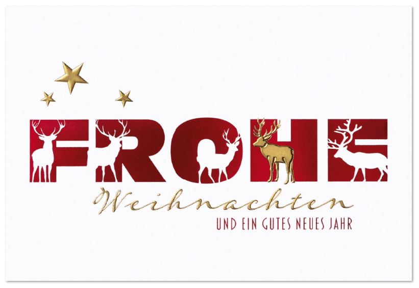 Weihnachtliche Grußkarte mit Weihnachtsgruß, prächtigen Hirschen und Sternen in Folienprägung