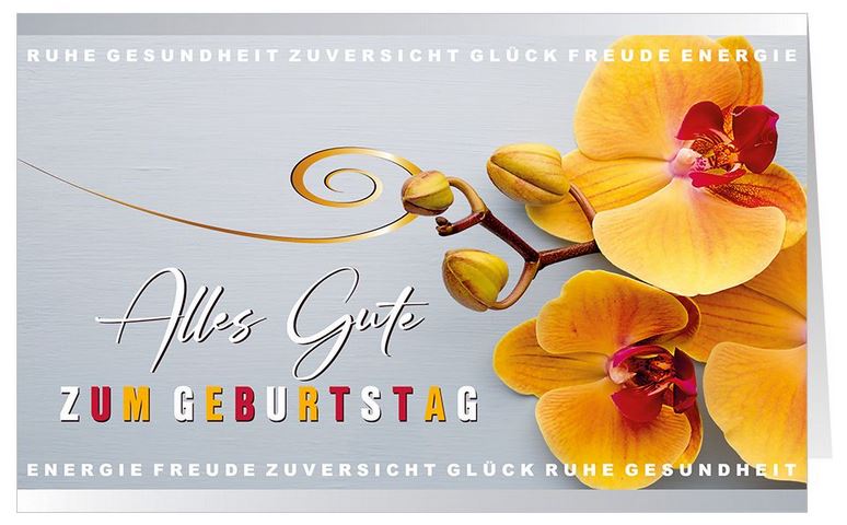 Glückwunschkarte zum Geburtstag mit gelber Orchideenblüte und "Alles Gute zum Geburtstag"