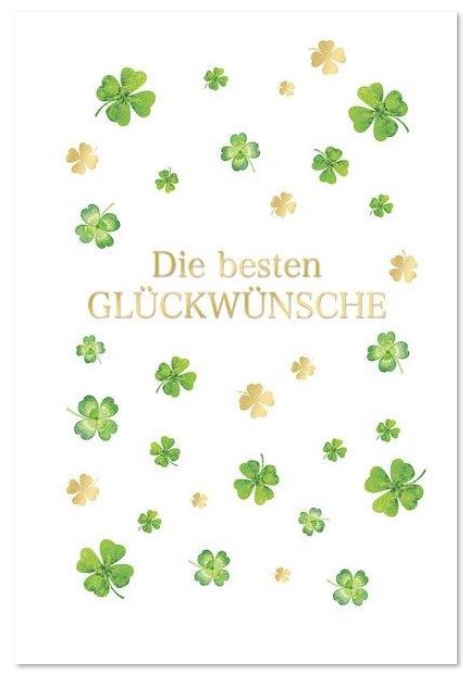 Naturweiße Glückwunschkarte mit goldenen Grußworten und vierblättrigen Kleeblättern