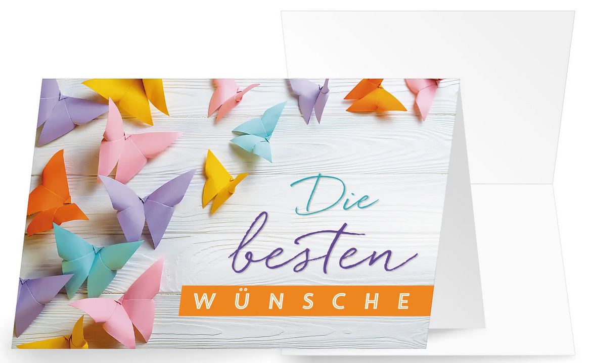 Heitere Glückwunschkarte in bunten Farben mit Schmetterlingsgruß und "Die besten Wünsche"