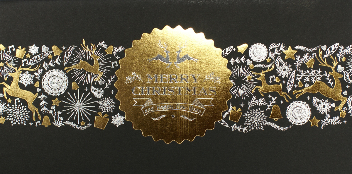 Exclusive Weihnachtskarte in schwarz mit weihnachtlichen Motiven in Silber- und Goldfolienprägung