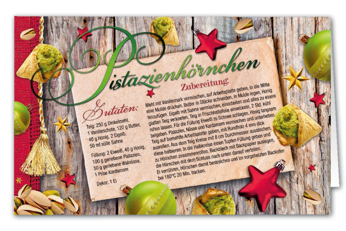 Rezeptkarte als Weihnachtskarte mit Duft mit Zutatenliste und Zubereitung von Pistazienhörnchen