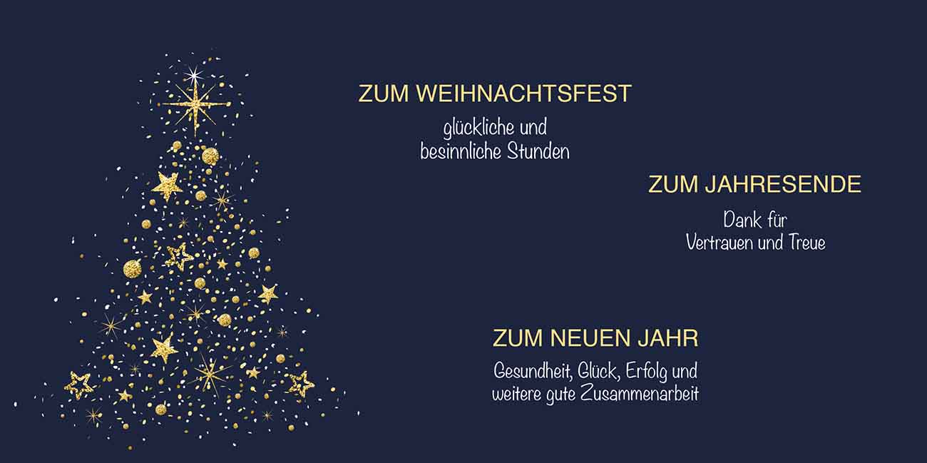 Blaue Weihnachtskarte mit geschäftlichen Weihnachtsgrüßen im DIN lang Format