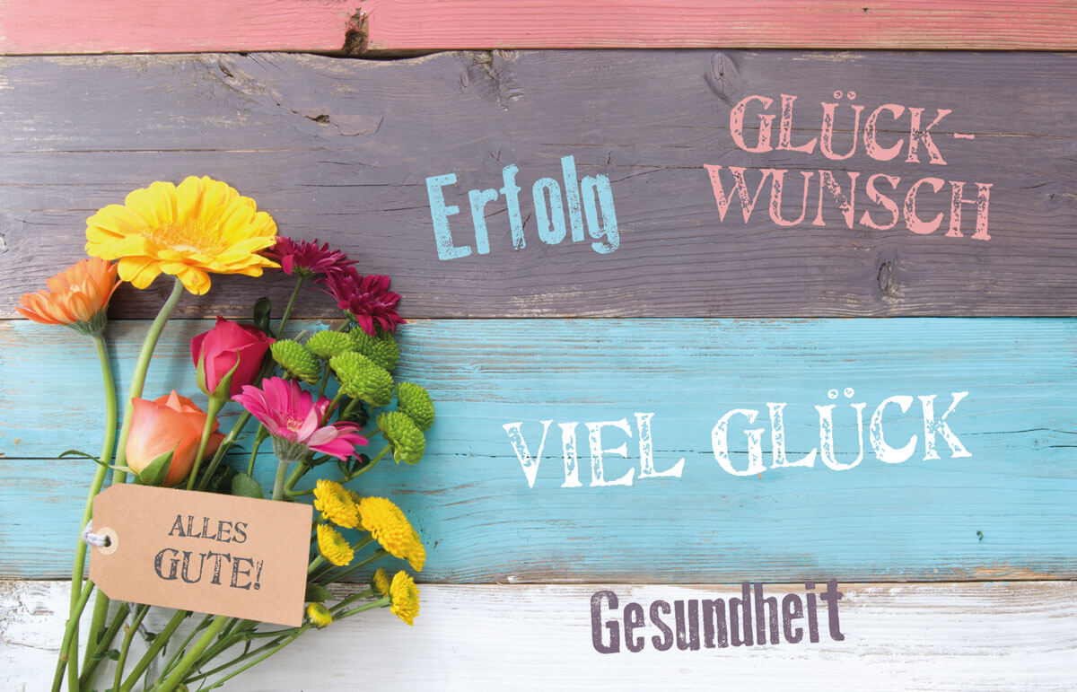 Firmen-Glückwunschkarte im Vintage-Design mit Blumenstrauß und mehreren Glückwünschen