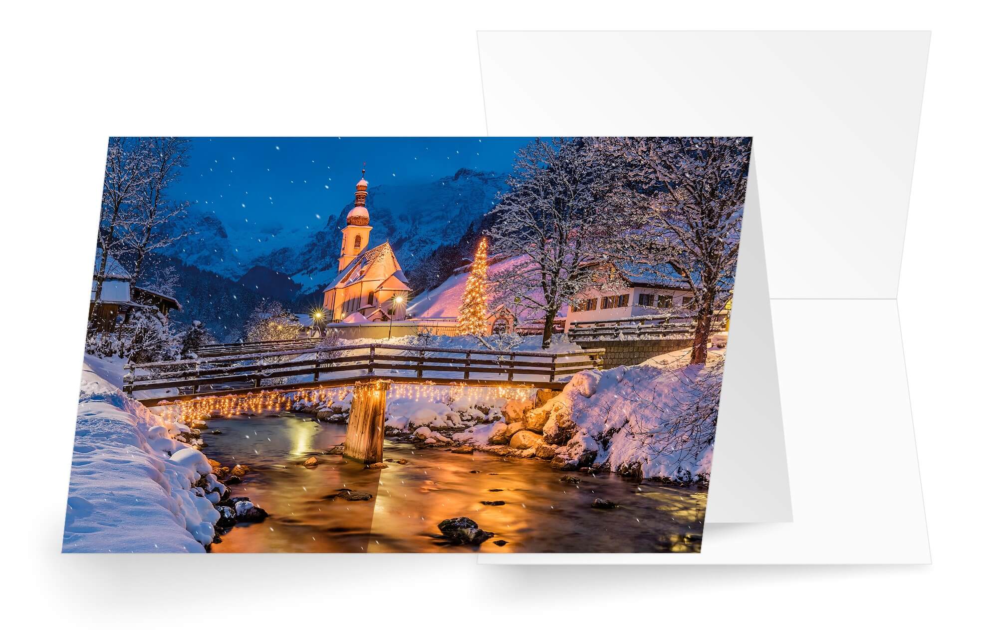 Weihnachtskarte "Bergweihnacht" mit verschneiter Flusslandschaft und Bergkapelle bei Nacht