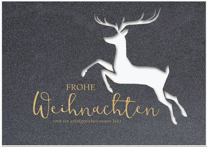 Firmen-Stanzkarte mit springendem Hirsch und goldenen Grüßen, Einleger weiß