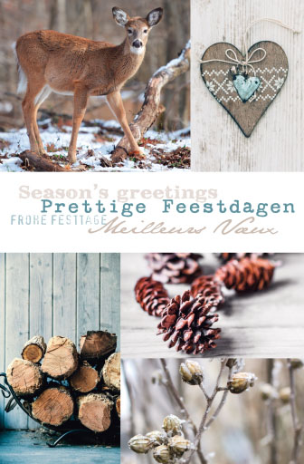 Internationale Weihnachtskarte mit winterlichen Motiven wie Reh im Schnee, Tannenzapfen und Holz