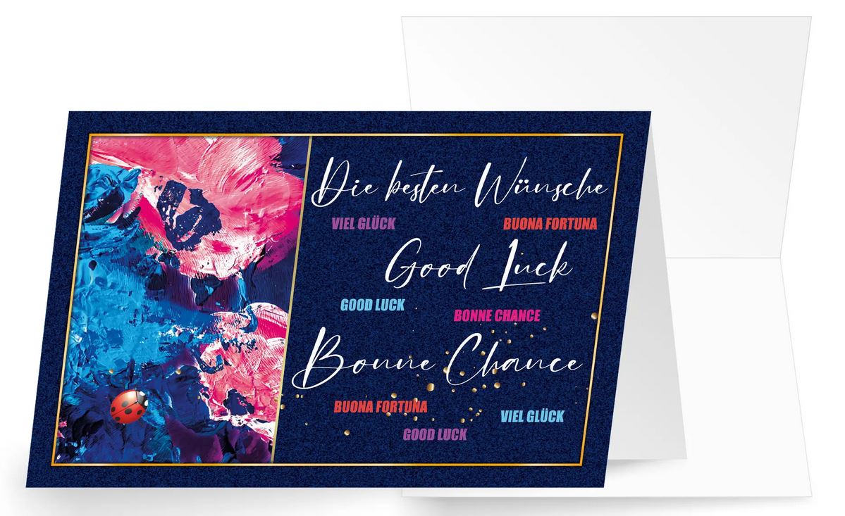 Internationale Glückwunschkarte "Buona Fortuna" mit kleinem Marienkäfer und Aquarellprint