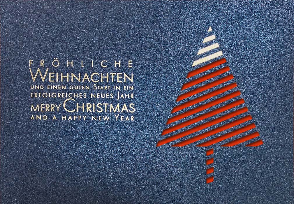 Moderne Weihnachts-Spendenkarte zugunsten der DKKS mit Stanzung und rotem Einleger