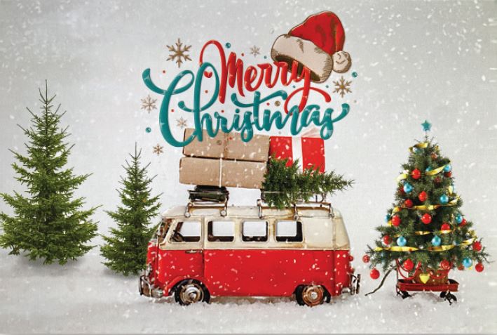 Englischsprachige Weihnachtskarte im humorvollen Design mit rotem VW-Bully und buntem Baum