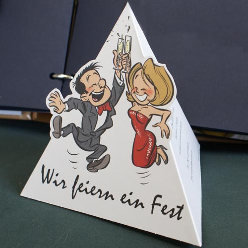 Pyramiden-Einladungskarte zur Silberhochzeit mit witziger Comic-Karikatur