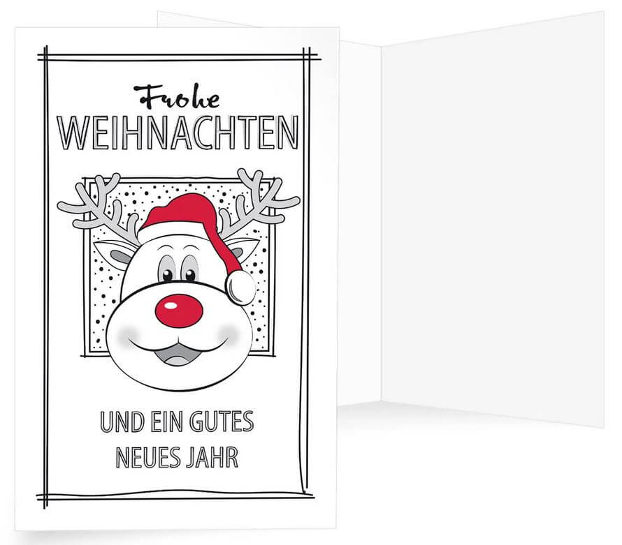 Fröhliche Weihnachtskarte mit goldigem Rentier, roter Weihnachtsmütze und Weihnachtsgruß