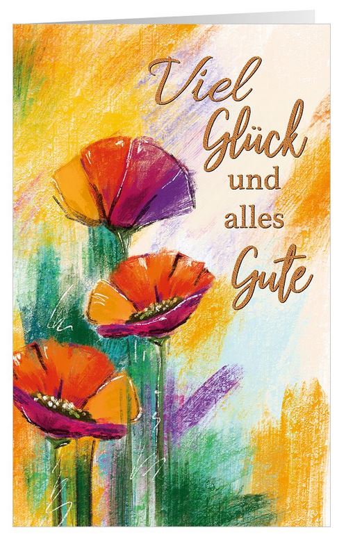 Bunte Glückwunschkarte mit roten Mohnblüten und "Viel Glück und alles Gute" im Aquarelldruck