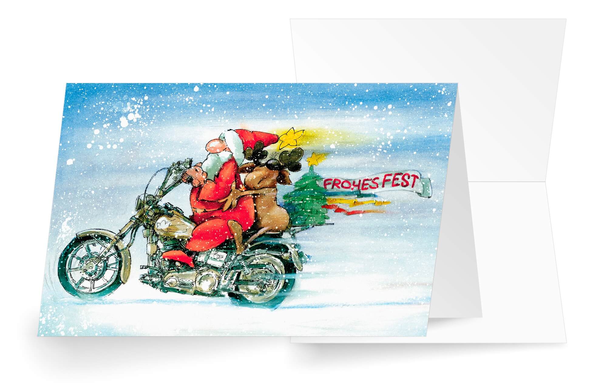 Witzige Weihnachtskarte mit Weihnachtsmann und Rentier auf Motorrad und Gruß "Frohes Fest"