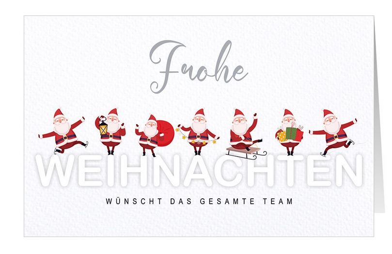 Humorvolle Firmenweihnachtskarte mit tanzenden Weihnachtsmännern und Teamgruß