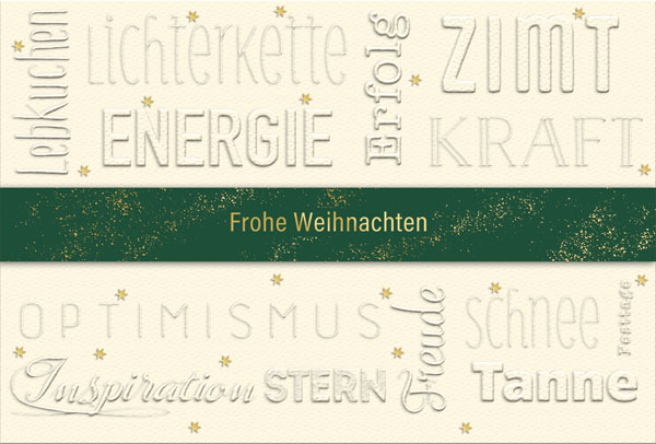 Naturweiße Weihnachtskarte mit passenden Schlagworten zu Weihnachten und grüner Banderole