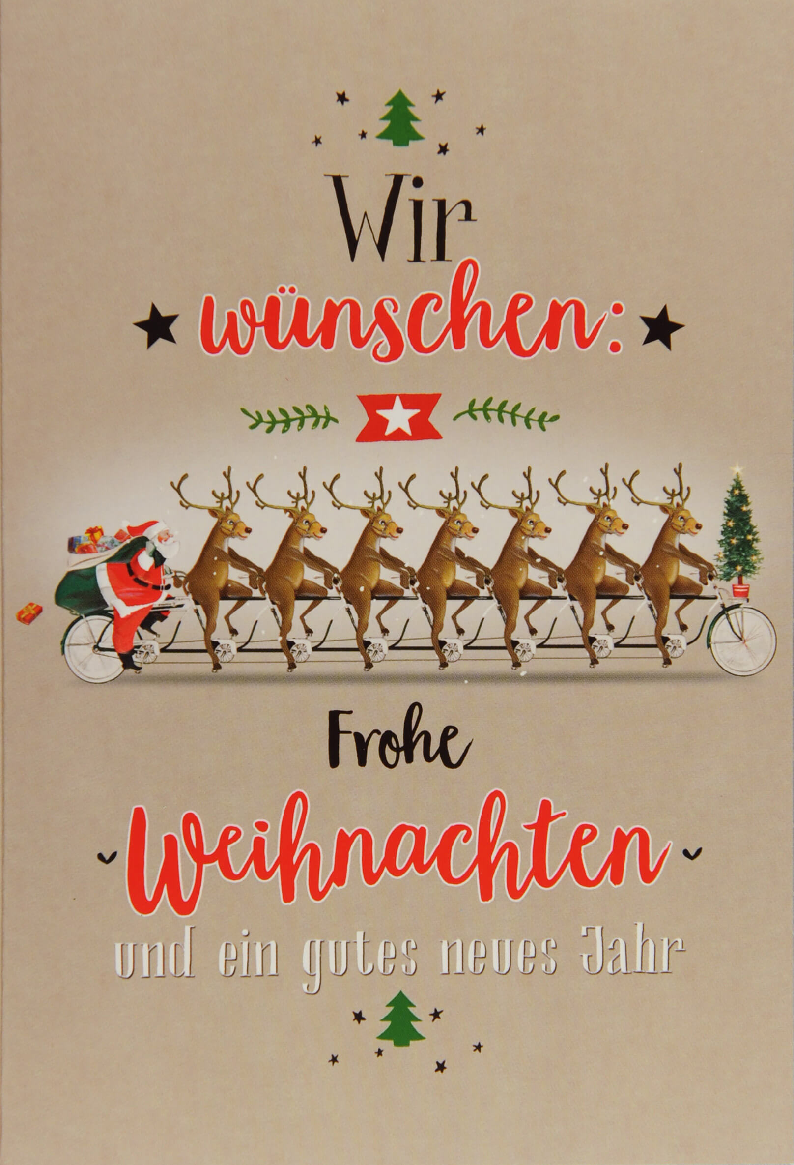 Lustige Weihnachtsgrußkarte mit Reliefprägung und Glanzlackierung Weihnachtsmann auf Tandem