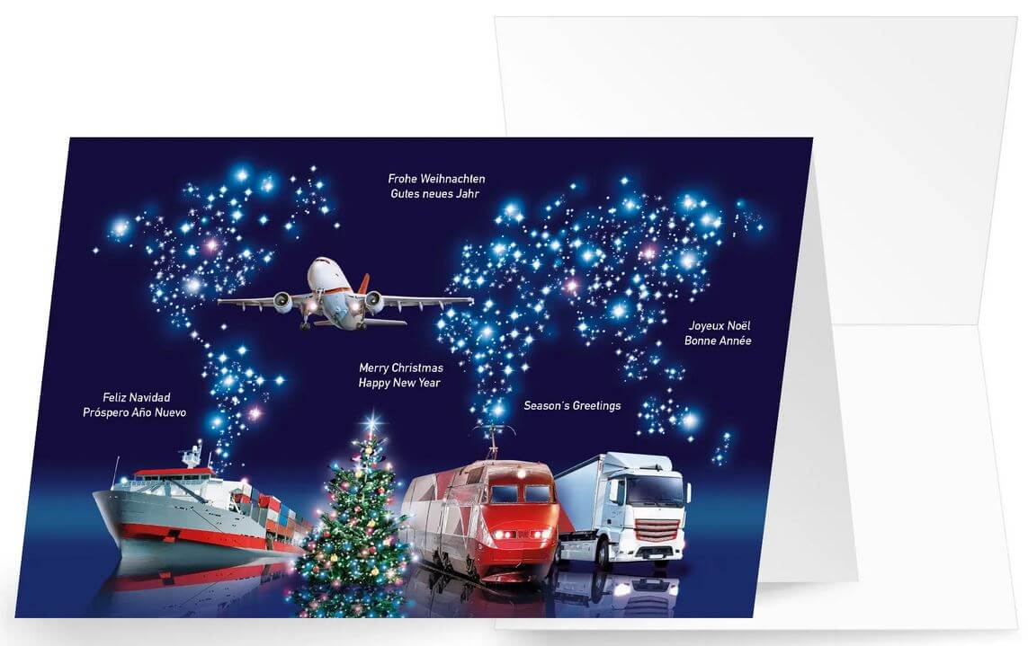 Internationale Branchenkarte für Logistik und Transport mit Weltkarte und Weihnachtsbaum