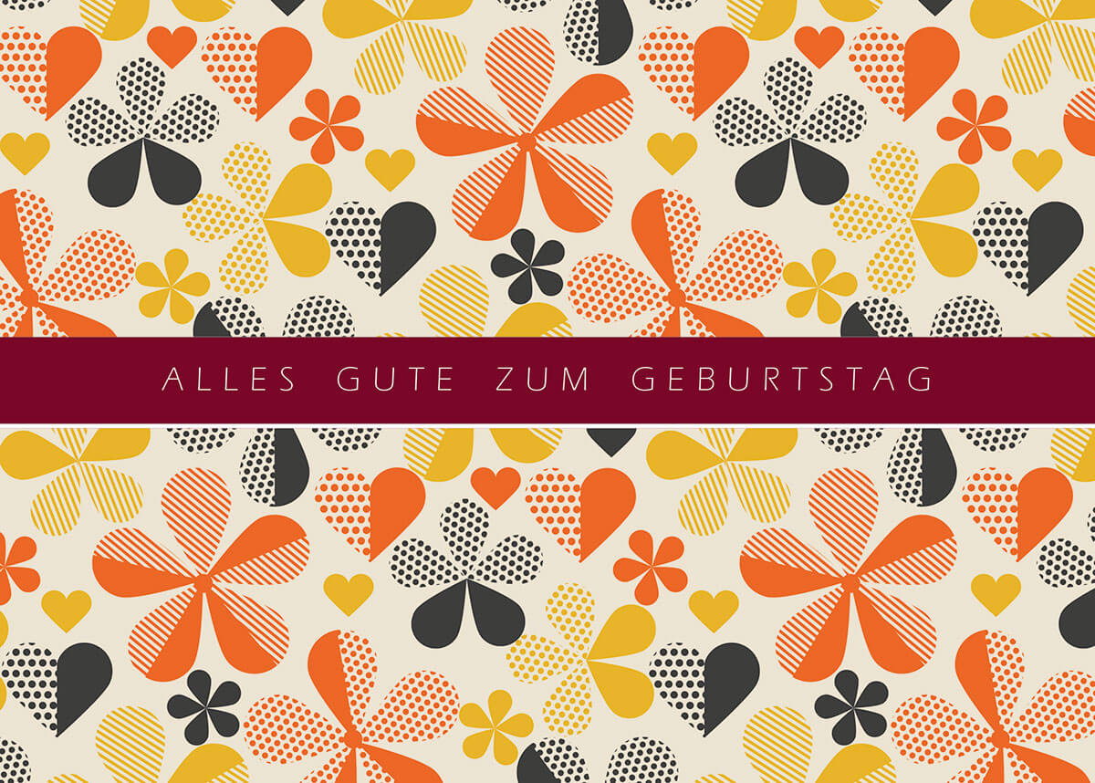 Retro-Glückwunschkarte zum Geburtstag mit Blumen und Herzen sowie Geburtstagsgruß