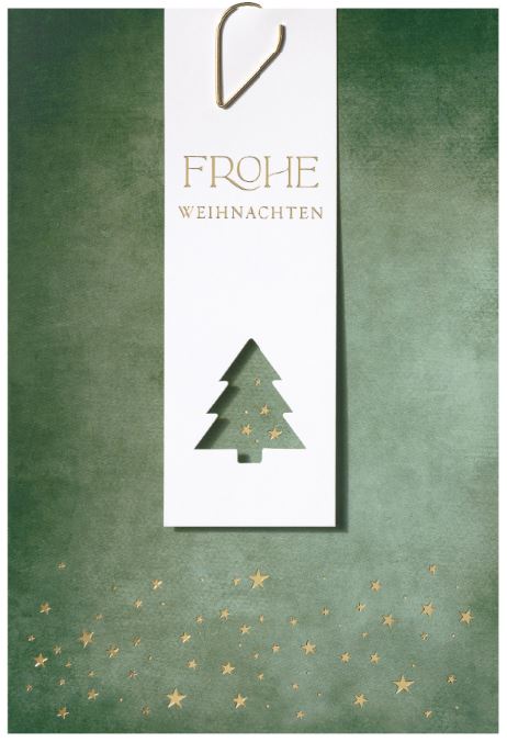 Grüne Weihnachtskarte mit goldener Klammer, Goldfolienprägung und weißem Anhängekärtchen