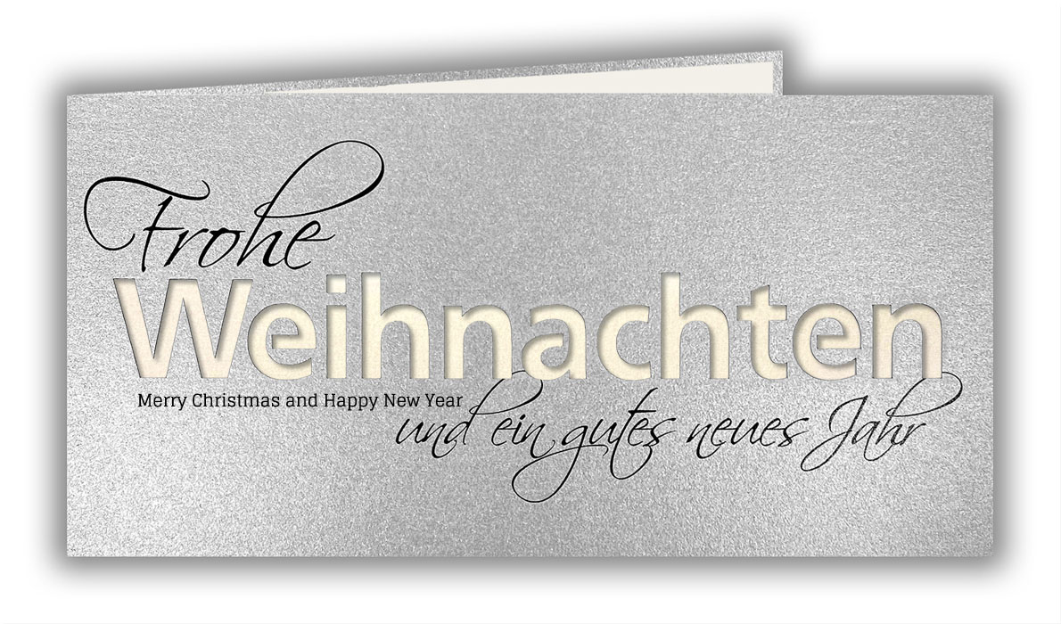 Silberne Weihnachtskarte mit Stanzung "Weihnachten" und perlmutt-Metallic Einlegeblatt, DIN lang Format