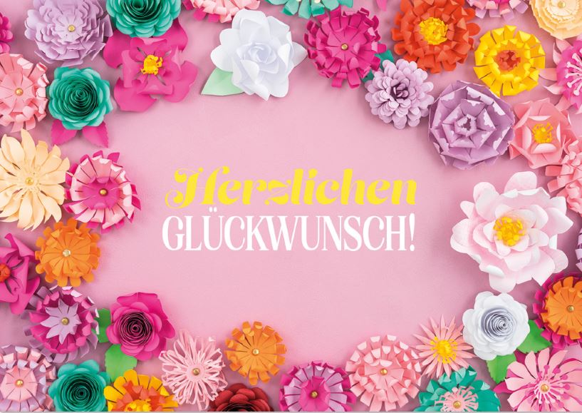 Zartrosafarbene Glückwunschkarte mit "Herzlichen Glückwunsch" und bunten Blüten