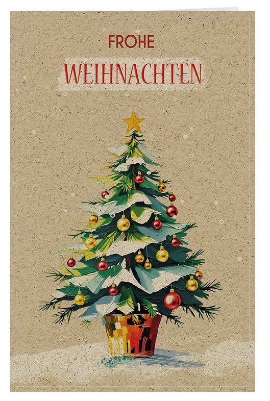 Naturbraune Weihnachtskarte aus Graspapier-Karton mit "Frohe Weihnachten" und geschmücktem Baum