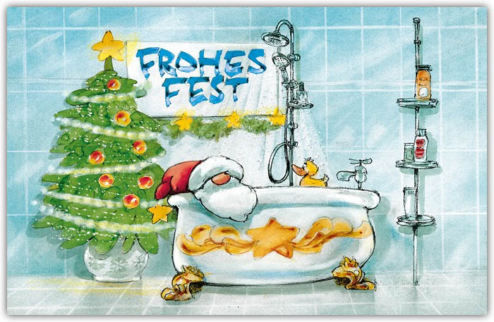 Lustige Weihnachtskarte mit Weihnachtsmann in der Badewanne für Sanitär und Badeinrichtung