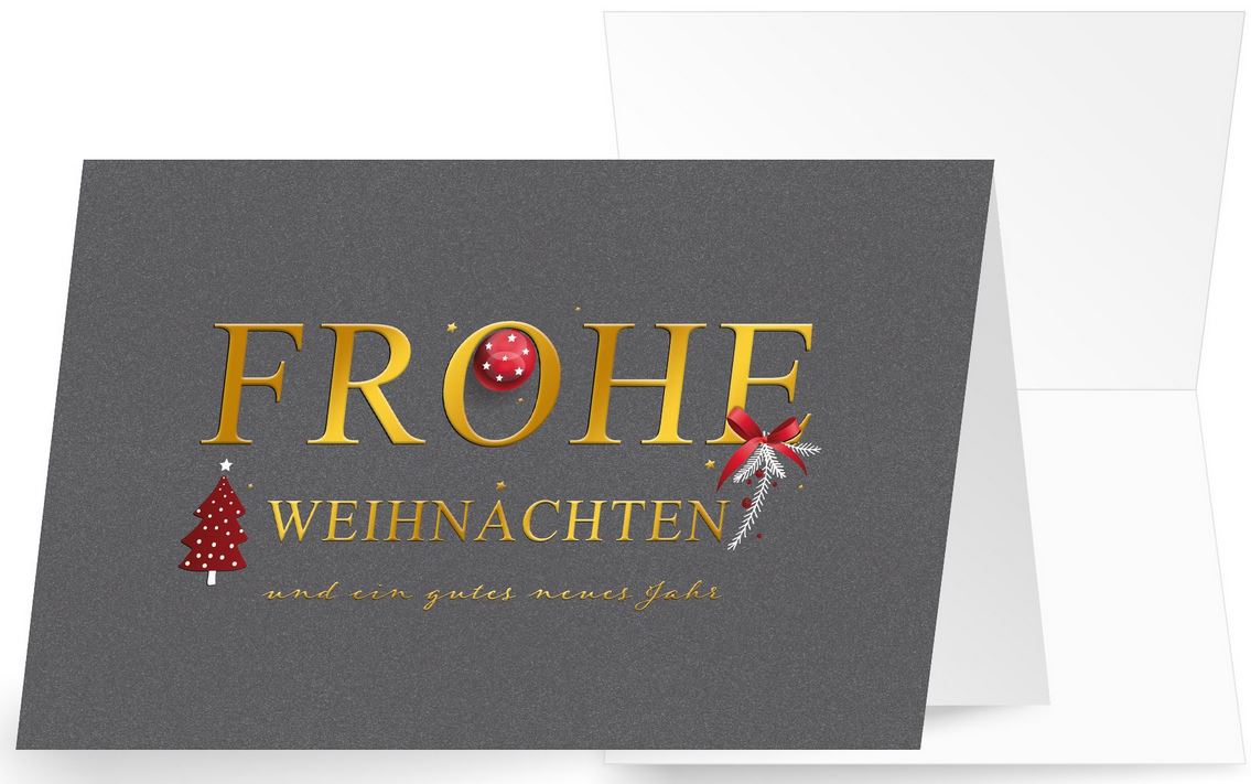 Dunkelgraue Folienpräge-Weihnachtskarte mit goldenem Weihnachtsgruß, Baum, Kugel und roter Schleife