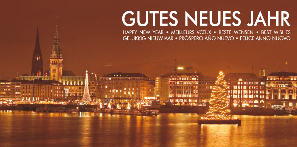 Neujahrskarte mit Hamburg Stadtansicht Alster Nachtstimmung