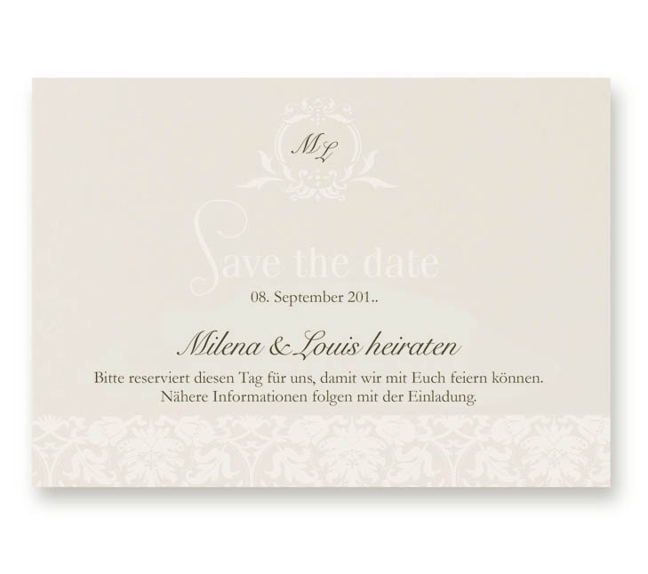 Klassische Save the Date Karte in creme mit feiner Ornamentverzierung