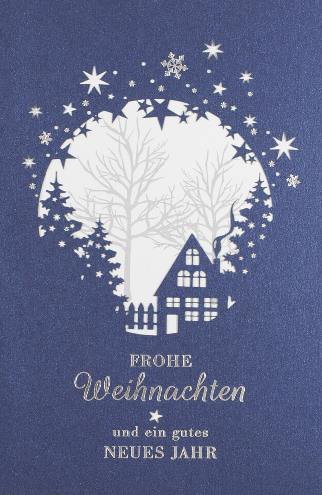 Blaue Weihnachtskarte mit Laserstanzung und Weihnachtsgruß in silber