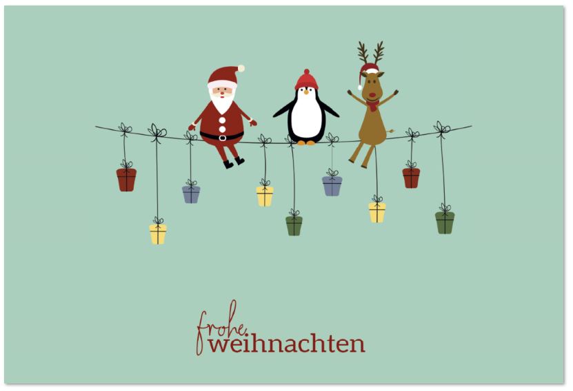 Lustige Weihnachtskarte mit Weihnachtsmann, Pinguin und Rentier auf Leine mit Gruß