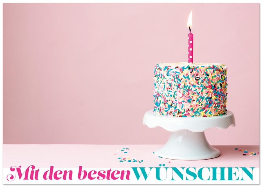 Kunterbunte Glückwunschkarte mit bunter Torte und Kerze für Geburtstag oder andere Anlässe