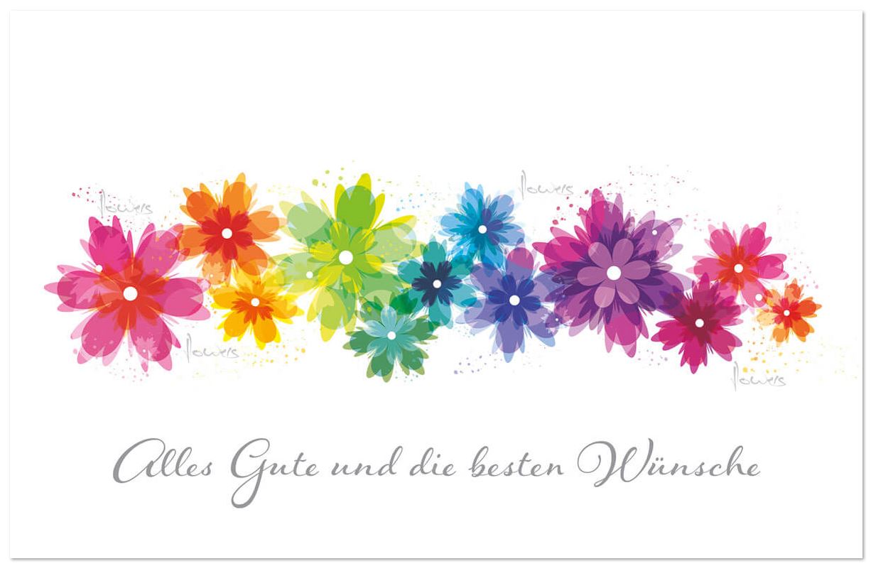 Farbenfrohe Glückwunschgrußkarte mit bunten Blumen und "Alles Gute und die besten Wünsche"