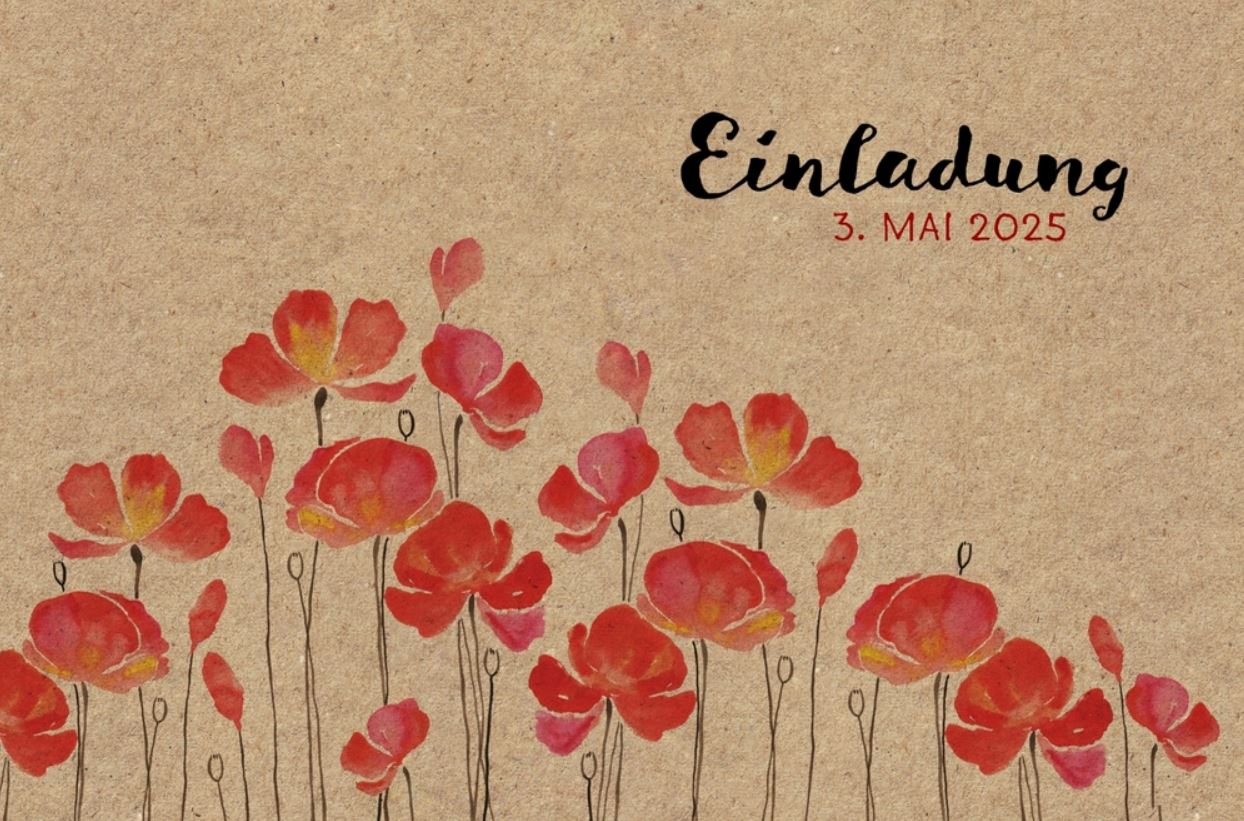 Einladungskarte zum Geburtstag mit roten Mohnblüten im Aquarelldruck
