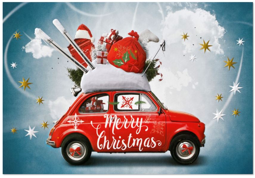 Witzige Weihnachtskarte mit "Merry Christmas" und einem mit Geschenken beladenem Fiat 500