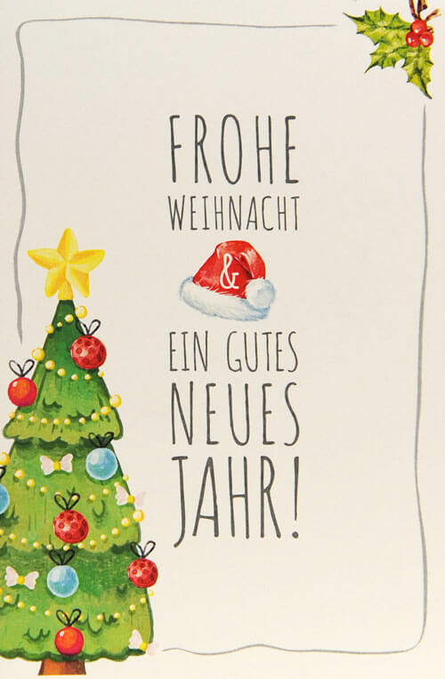 Weihnachtskarte gemalt mit Weihnachtsbaum, Weihnachtsmütze und Stechpalme