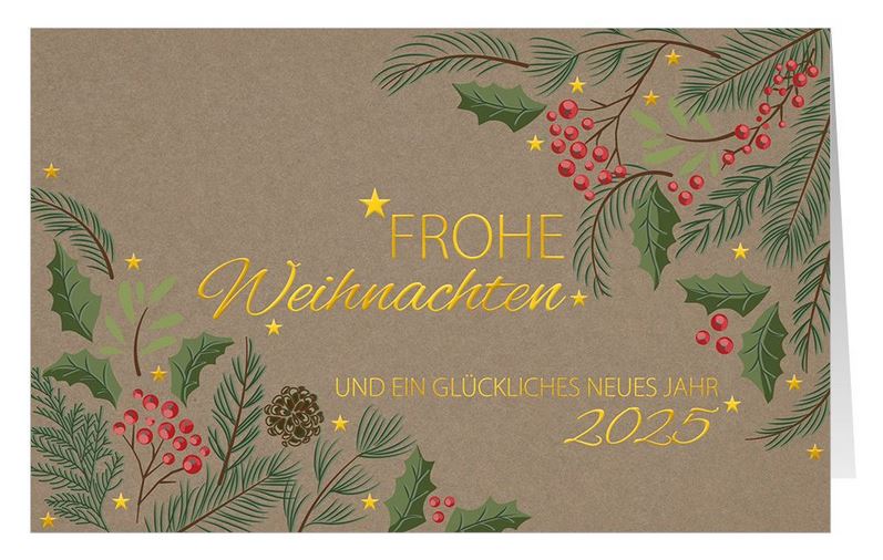 Braune Folienpräge-Weihnachtskarte mit floralem Druck, Sternen und goldenem Weihnachtsgruß