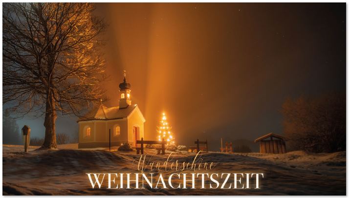 Stimmungsvolle Weihnachtskarte mit kleiner Kapelle und leuchtendem Baum bei Nacht