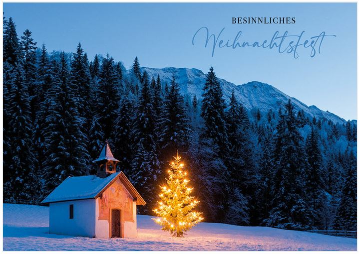 Winter-Weihnachtskarte mit "Besinnliches Weihnachtsfest" und Spende für: Deutsche Kinderkrebs-Stiftung