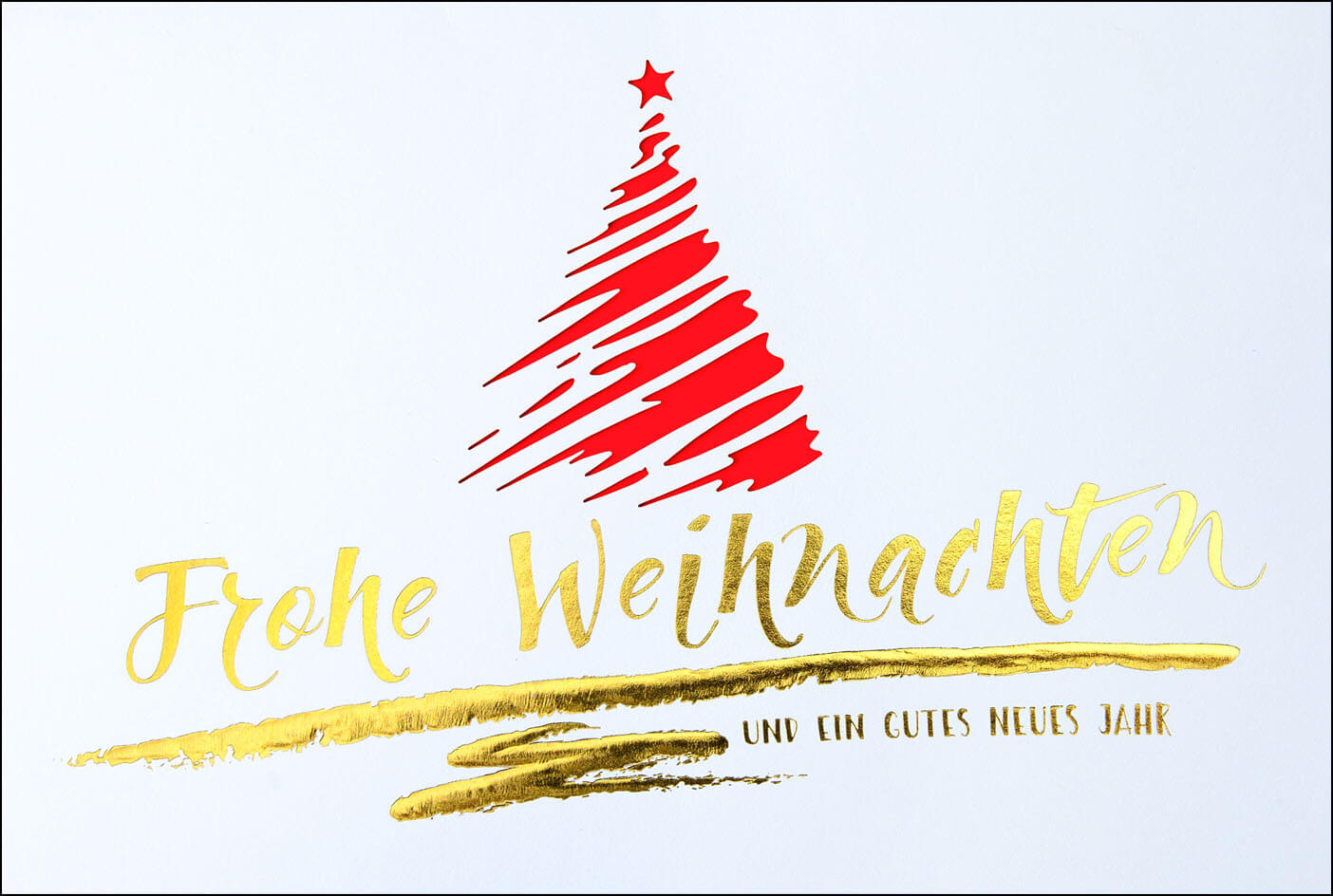 Weihnachtskarte mit Weihnachtsbaum und Schriftzug in Gold - Einleger rot