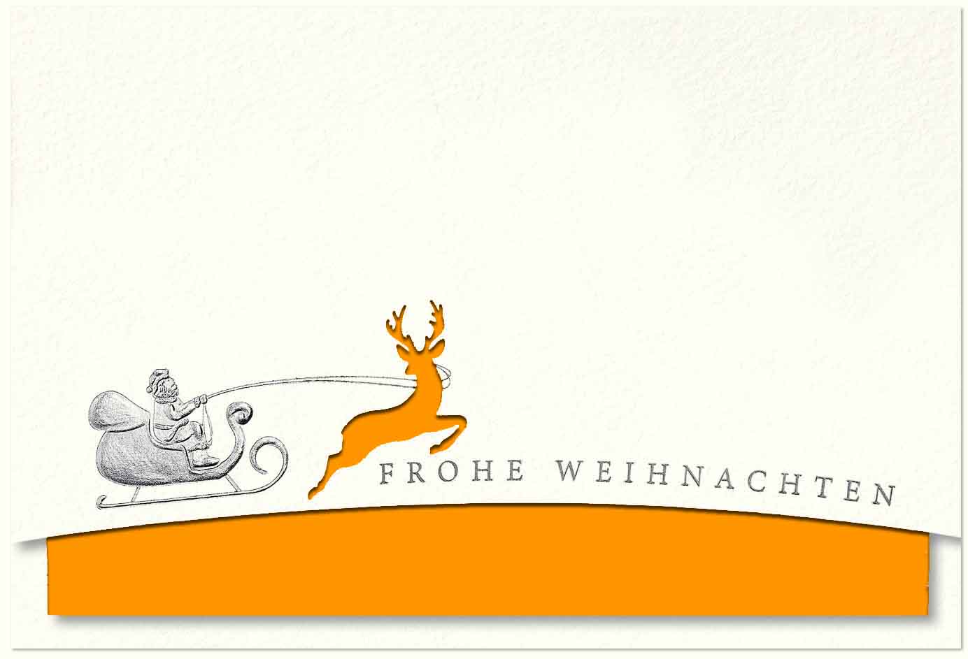 Naturweiße Weihnachtskarte mit springendem Hirsch, Stanzung und orangenem Einleger