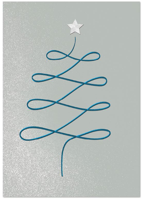 Silberne Weihnachtskarte im modernen Design, ohne Gruß mit abstraktem Baum in blau, inkl. Einlegeblatt