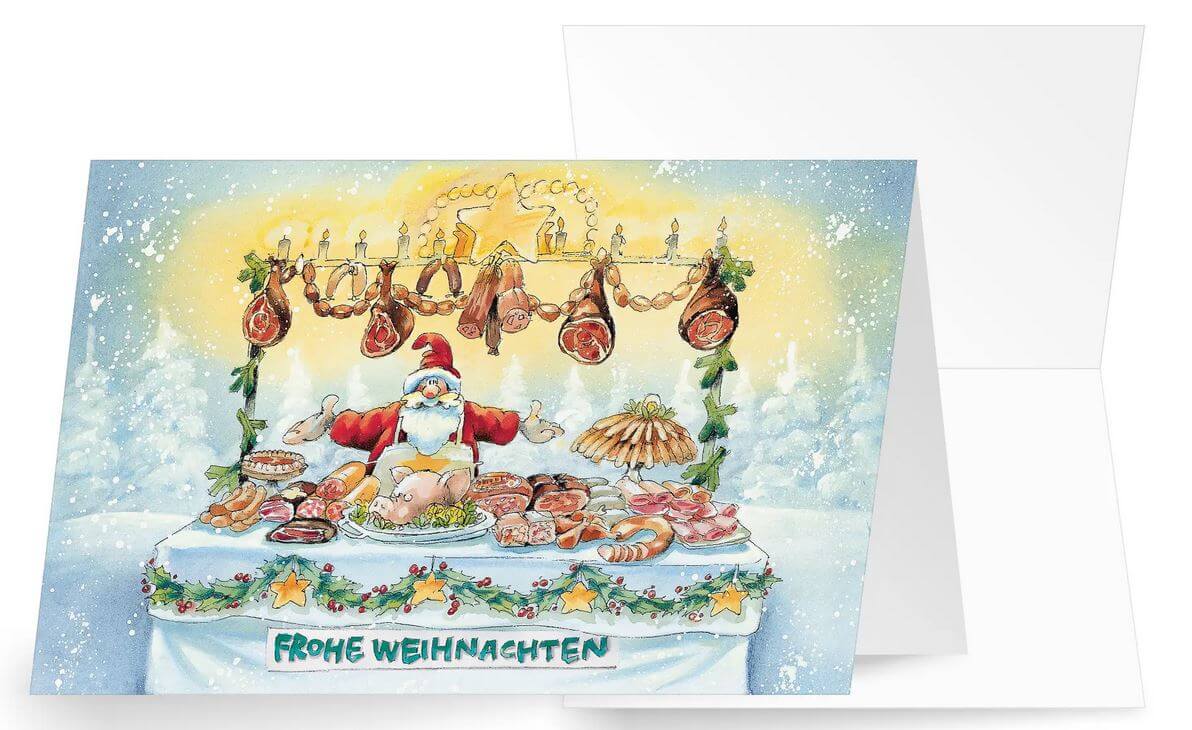 Spaßige Weihnachts-Branchenkarte für Metzgerei, Fleischerei und Wurstverkauf