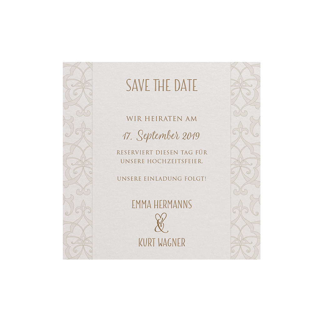 Edle Save-the-Date oder Dankkarte aus perlmuttfarbenem Metallic-Karton mit barockem Muster